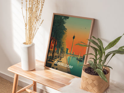Framed Düsseldorf cityscape poster featuring the Rheinturm, a serene riverside scene with sailboats, in vintage travel art style.