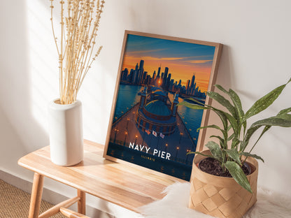 Navy Pier Chicago Poster | Skyline Sunset Wall Art Print