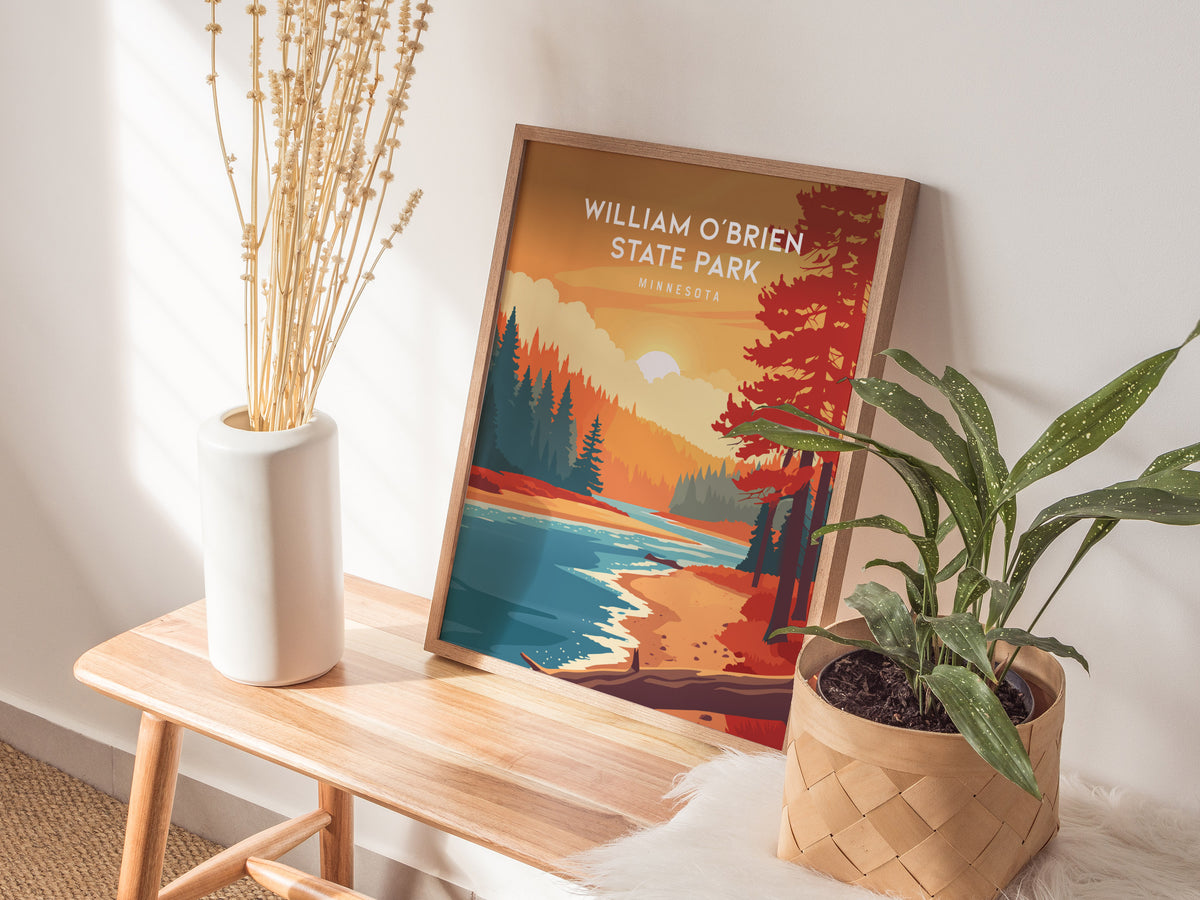 William O'Brien State Park, Minnesota Poster | Riverside Forest Wilderness Destination Print Wall Art — styled in a modern in