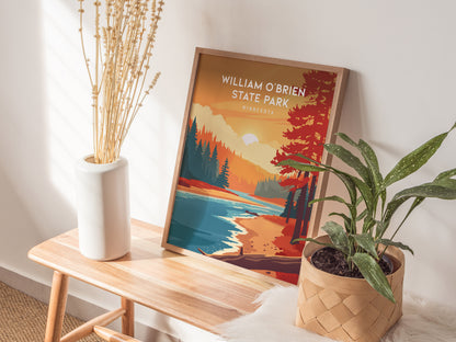 William O'Brien State Park, Minnesota Poster | Riverside Forest Wilderness Destination Print Wall Art — styled in a modern in