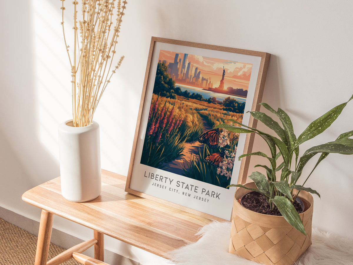 Liberty State Park Matte Border Poster | Jersey City, New Jersey Destination Print — styled in a modern interior