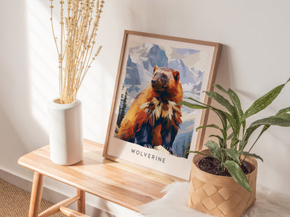 Wolverine, Gulo gulo Poster | Fierce Mountain Wildlife Wall Art — styled in a modern interior