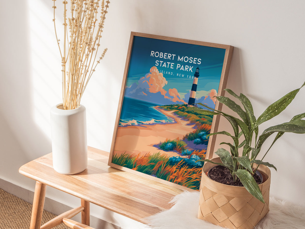 Robert Moses State Park, Fire Island, New York Poster | Coastal Beach Decor Wall Art — styled in a modern interior