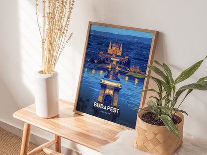 Budapest Chain Bridge Poster | Hungary Travel Print Wall Art | Framed or Unframed