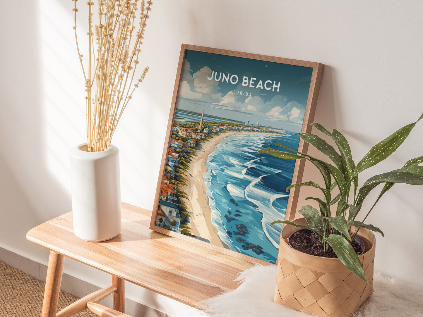 Juno Beach, Florida Poster | Sea Turtle & Sunrise Shoreline Wall Art — styled in a modern interior