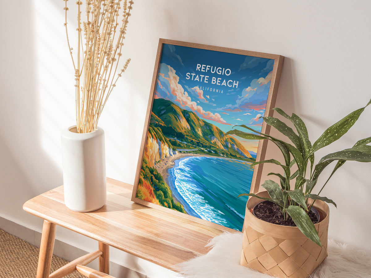 Refugio State Beach, California Poster | Golden Bluffs & Ocean Breeze Wall Art — styled in a modern interior