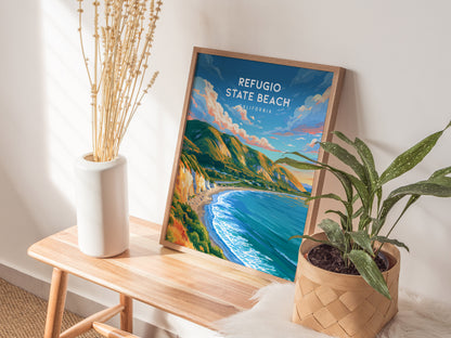 Refugio State Beach, California Poster | Golden Bluffs & Ocean Breeze Wall Art — styled in a modern interior