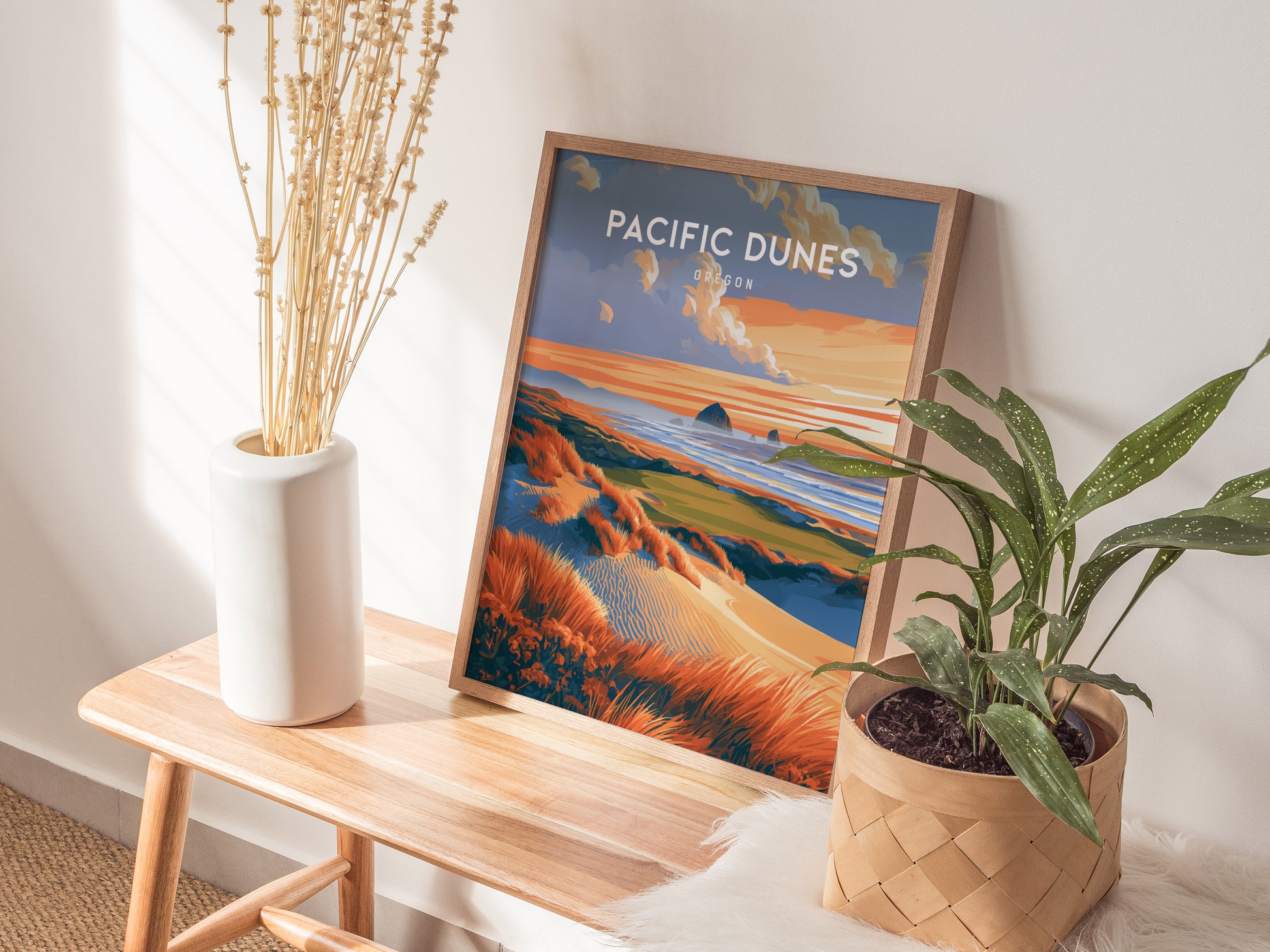 Pacific Dunes, Oregon Poster | Windswept Coast Destination Print Wall Art — styled in a modern interior