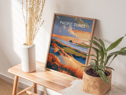 Pacific Dunes, Oregon Poster | Windswept Coast Destination Print Wall Art — styled in a modern interior