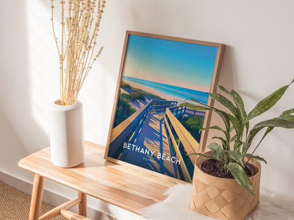 A framed Bethany Beach poster leans against a wall on a wooden bench, surrounded by a white vase with dried stems and a potted green plant.