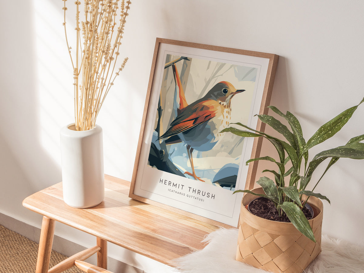 Hermit Thrush Poster | Woodland Songbird Forest Art Wall Art — styled in a modern interior