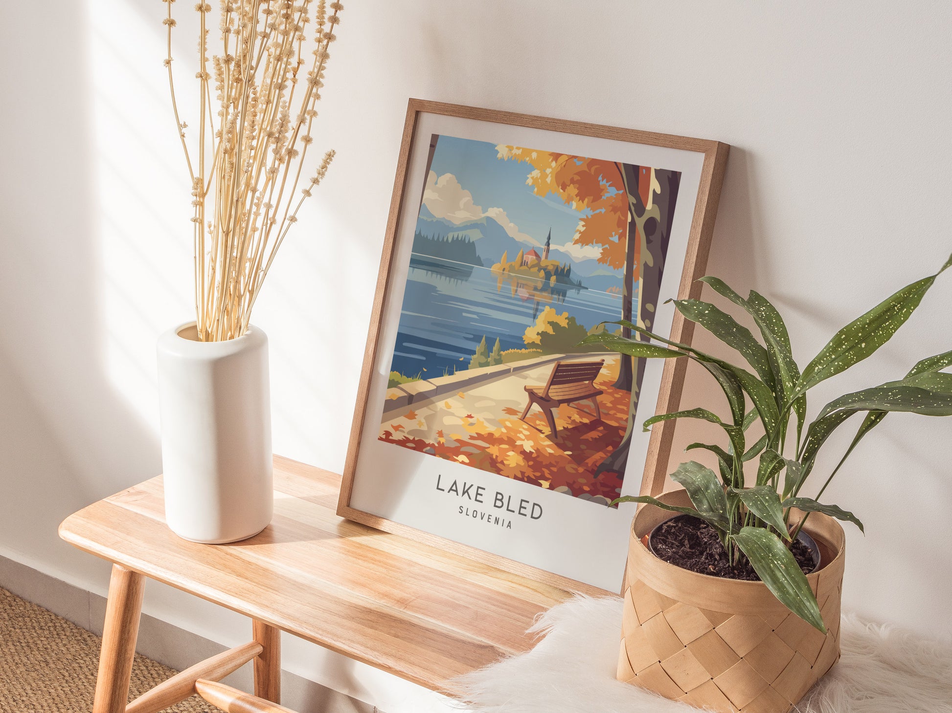 Lake Bled Matte Border Poster | Slovenia Travel Wall Art — styled in a modern interior