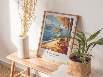 Lake Bled Matte Border Poster | Slovenia Travel Wall Art — styled in a modern interior