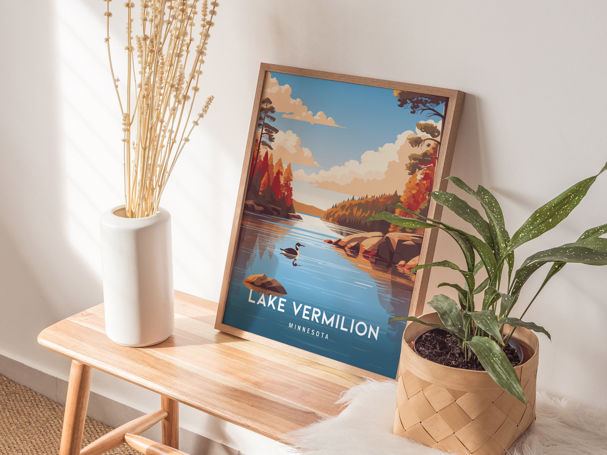Lake Vermilion, Minnesota Poster | Northwoods Lake & Pine Forest Wall Art — styled in a modern interior