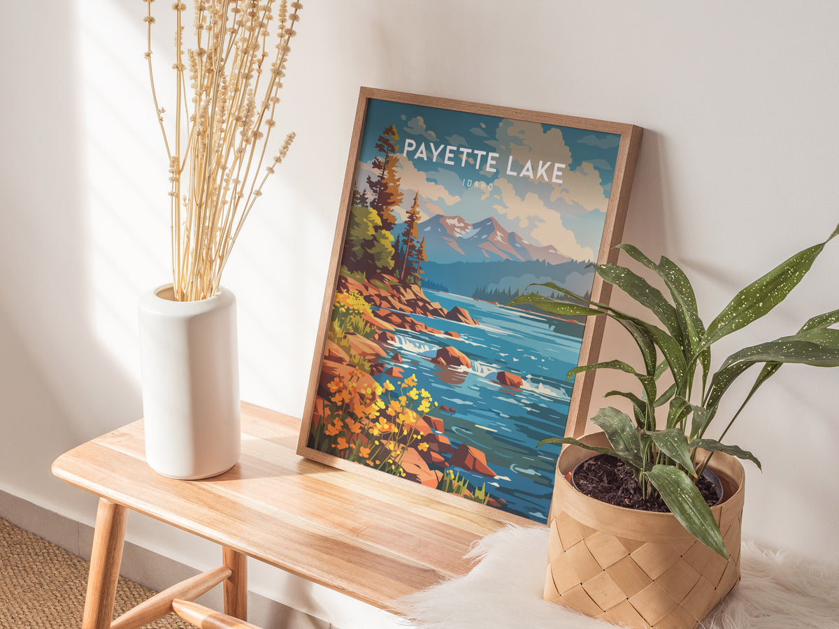Payette Lake, Idaho Poster | Mountain Lake Destination Print Wall Art — styled in a modern interior