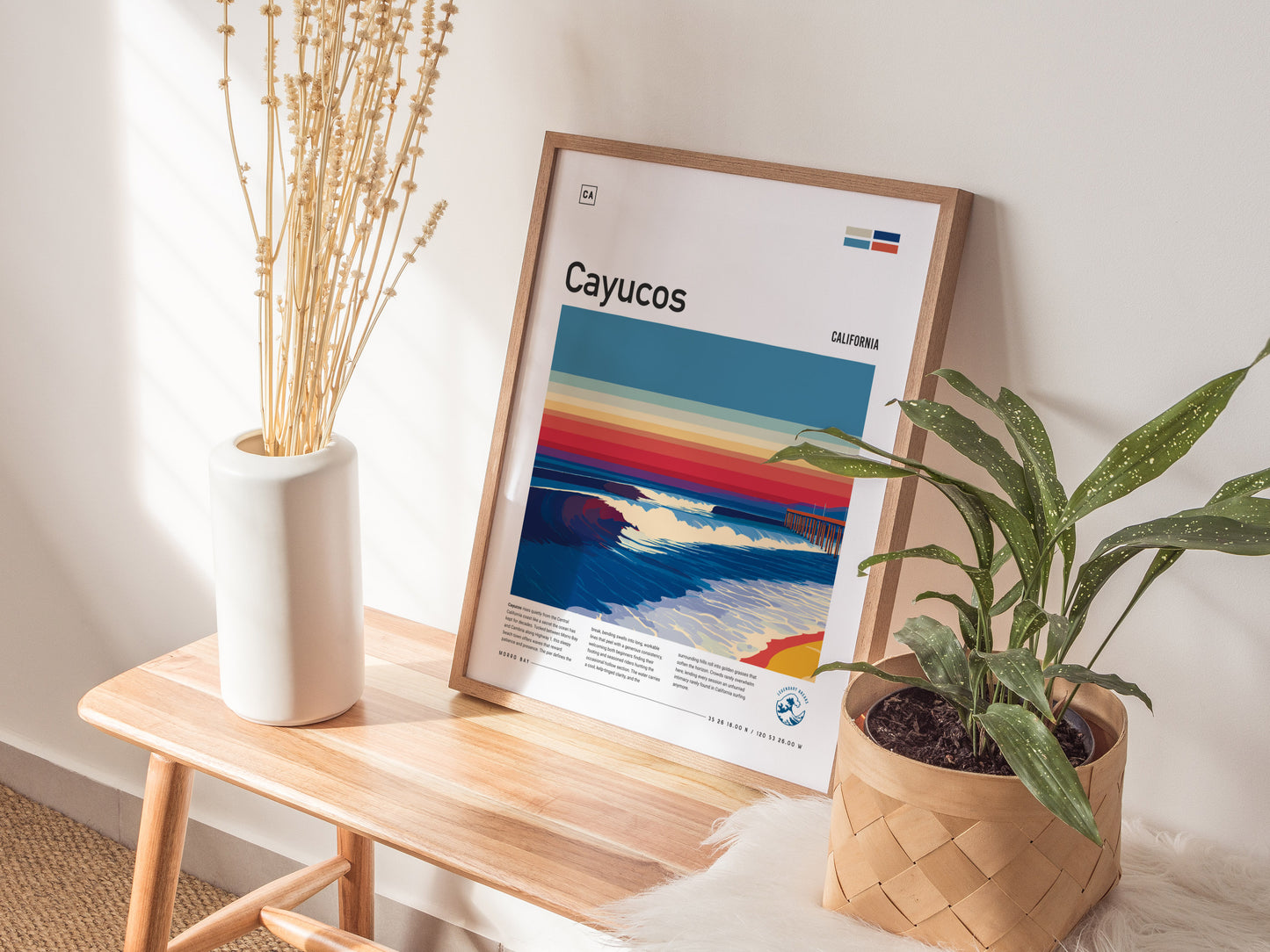 Cayucos, California Poster | Sun-Soaked Surf Town Coastal Wall Art — styled in a modern interior