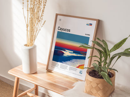 Cayucos, California Poster | Sun-Soaked Surf Town Coastal Wall Art — styled in a modern interior