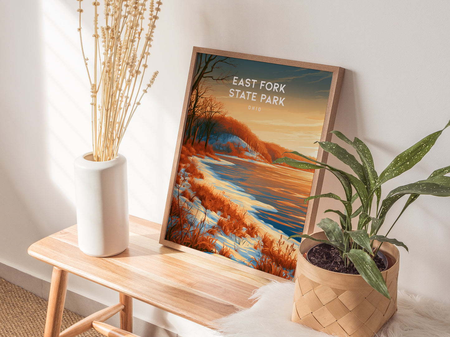 East Fork State Park, Ohio Poster | Lakeside Serenity & Rolling Hills Wall Art — styled in a modern interior
