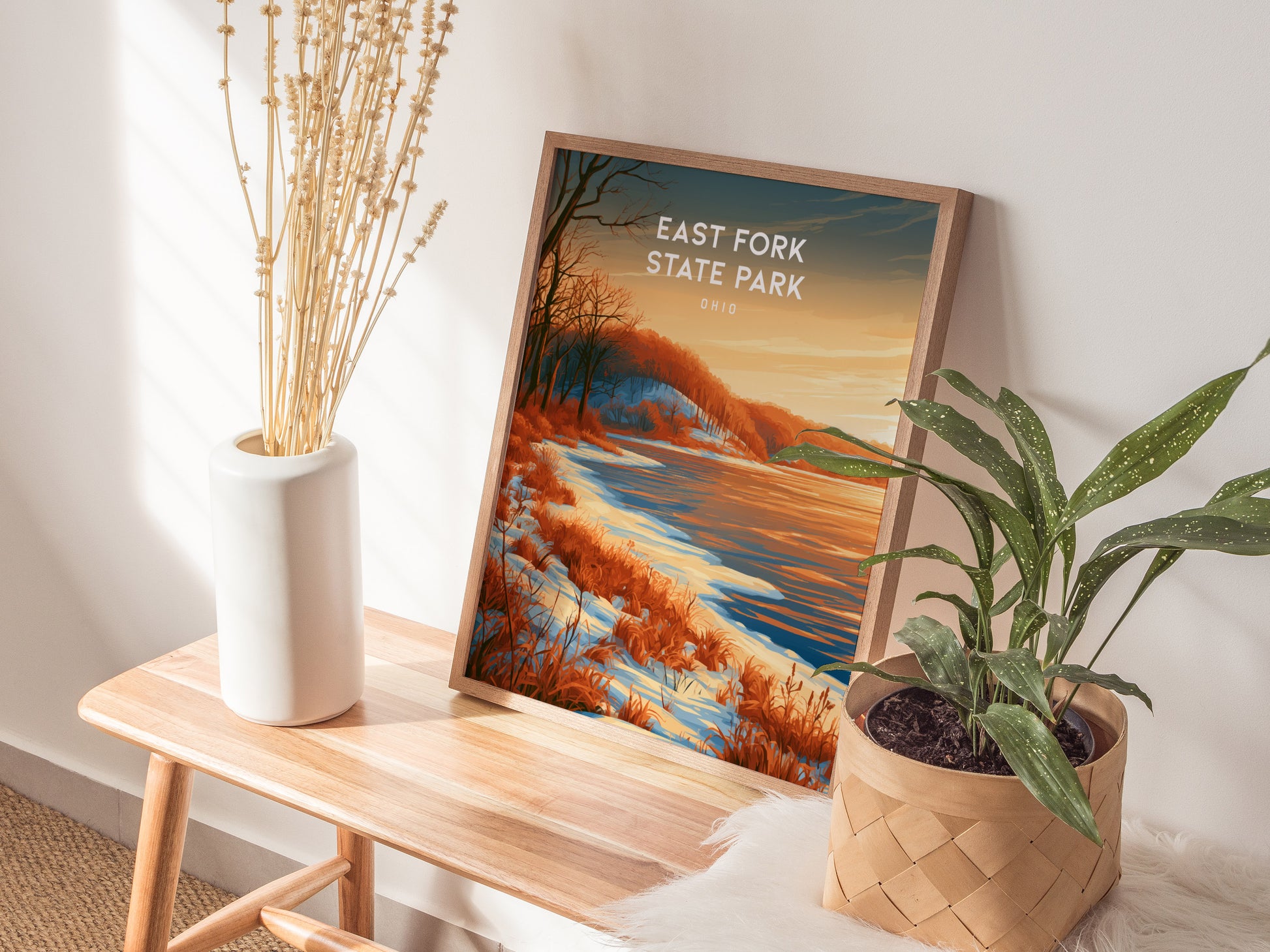 East Fork State Park, Ohio Poster | Lakeside Serenity & Rolling Hills Wall Art — styled in a modern interior