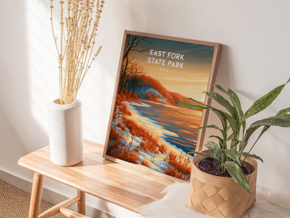 East Fork State Park, Ohio Poster | Lakeside Serenity & Rolling Hills Wall Art — styled in a modern interior