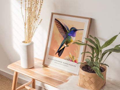 Black-chinned Hummingbird, Archilochus alexandri Poster | Jeweled Bird Wildlife Print Wall Art — styled in a modern interior