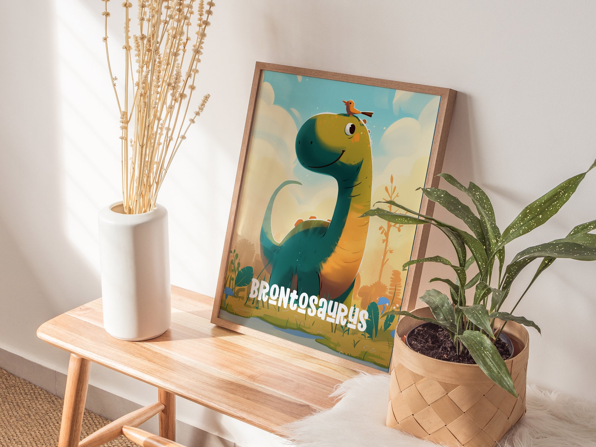 Brontosaurus Cute Dinosaur Poster | Kids Room Nursery Wall Art | Framed or Unframed