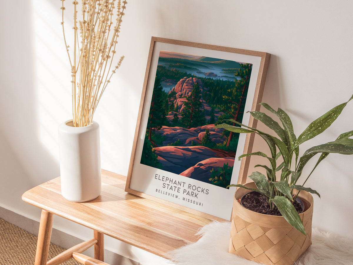 Elephant Rocks State Park Matte Border Poster | Belleview, Missouri Destination Print — styled in a modern interior