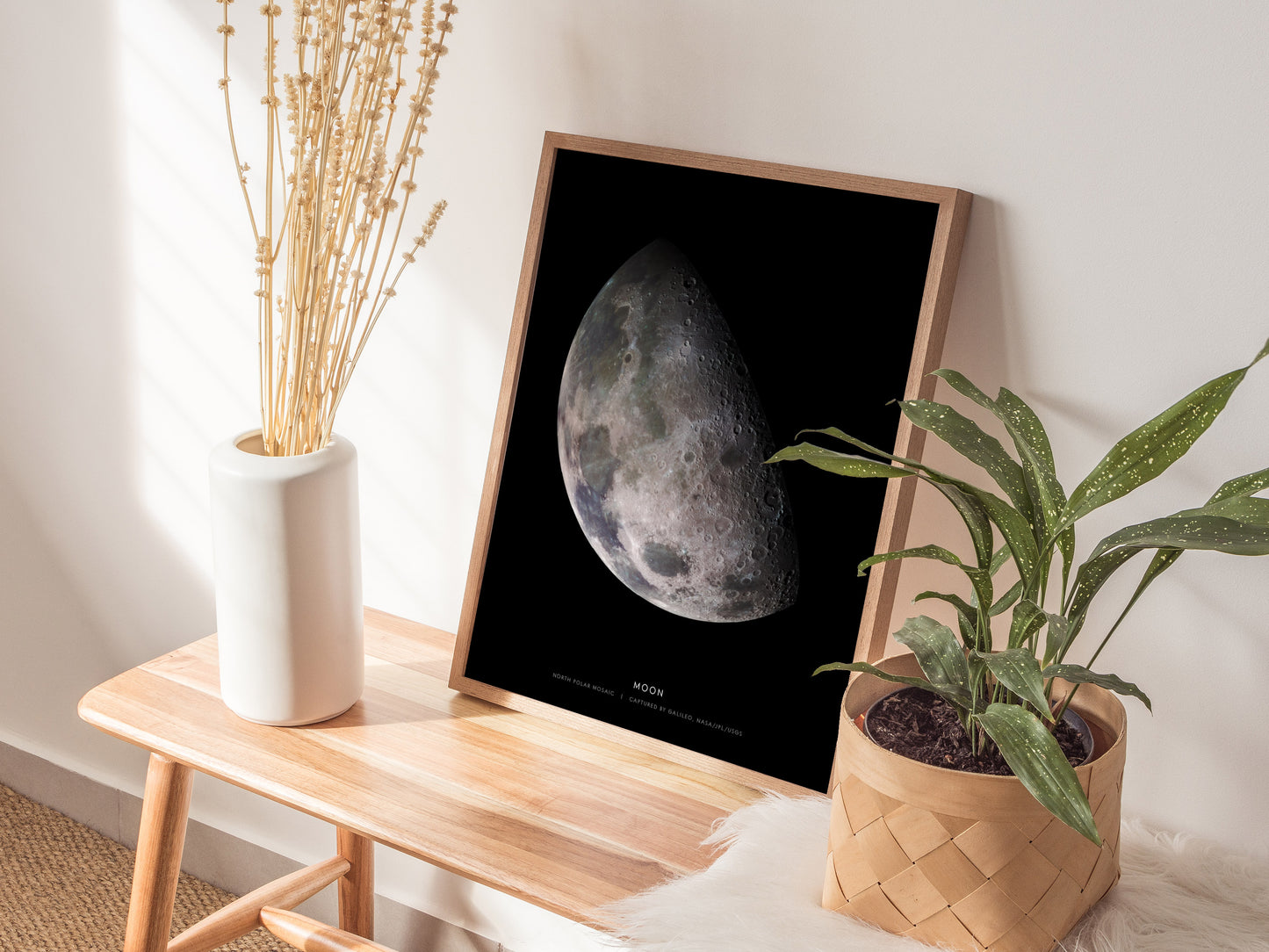 Framed print of the moon on a wooden side table with plants and decor.