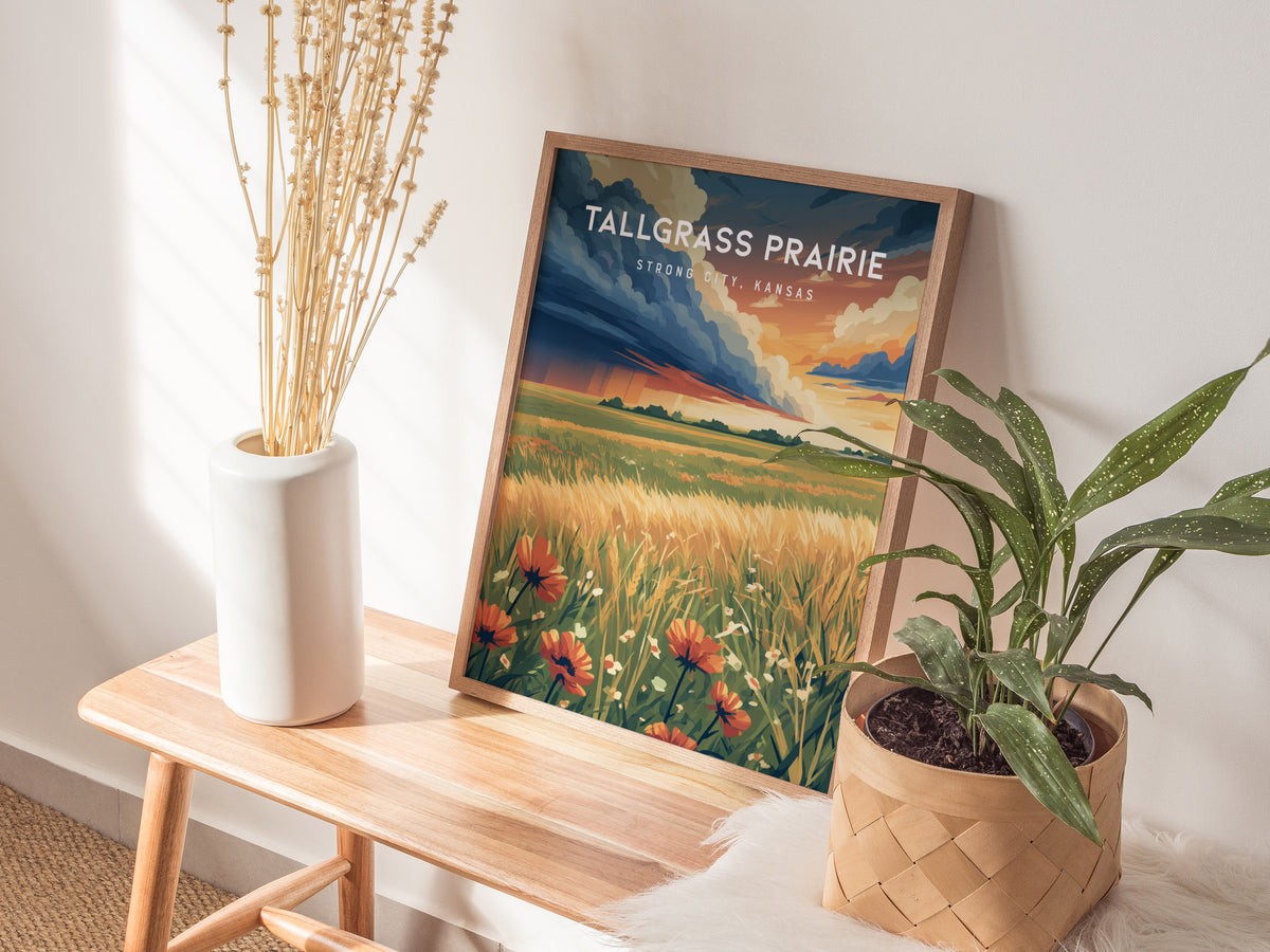 Tallgrass Prairie, Strong City, Kansas Poster | Golden Plains Travel Wall Art — styled in a modern interior