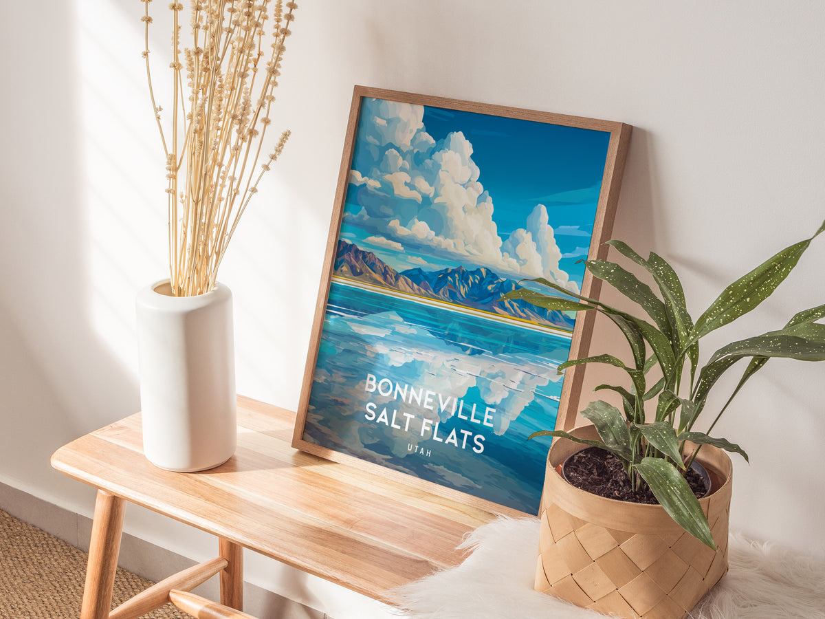 Bonneville Salt Flats, Utah Poster | Vast Desert Horizon Vacation Wall Art — styled in a modern interior