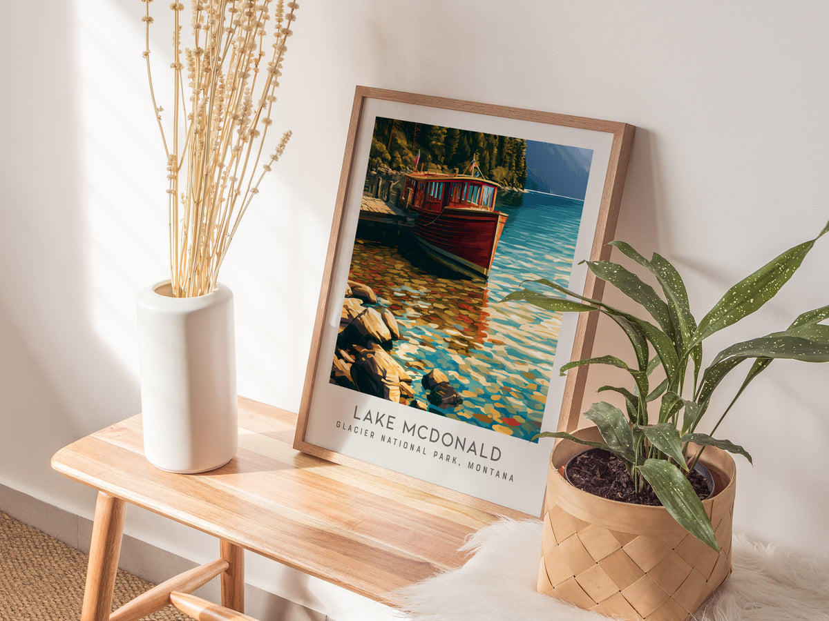 Lake McDonald Matte Border Poster | Glacier National Park, Montana Vacation Wall Art — styled in a modern interior