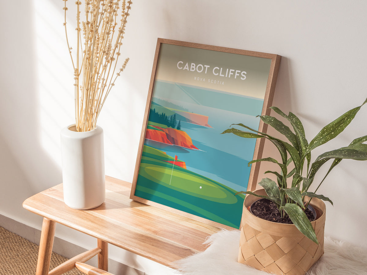 Cabot Cliffs, Nova Scotia Poster | Dramatic Links Golf Course Print Wall Art — styled in a modern interior