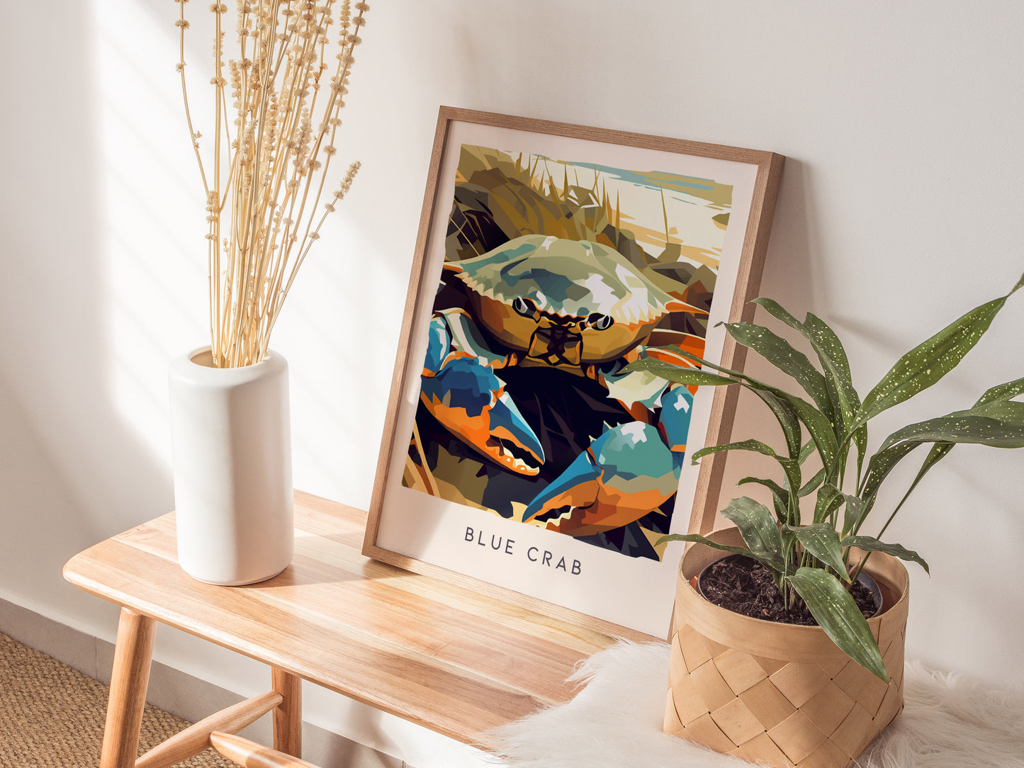 Blue Crab, Callinectes sapidus Poster | Coastal Wildlife Wall Art — styled in a modern interior