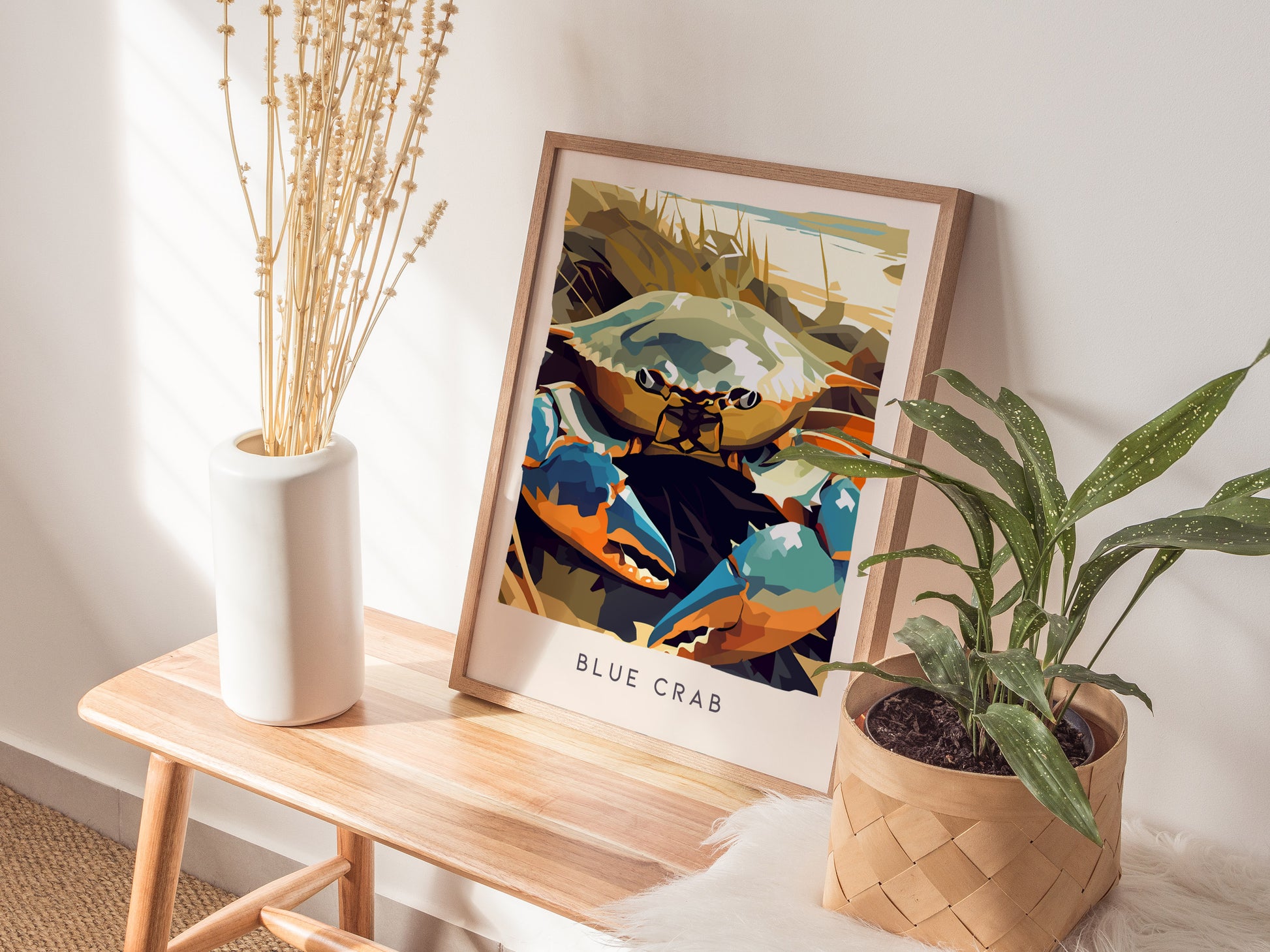Blue Crab, Callinectes sapidus Poster | Coastal Wildlife Wall Art — styled in a modern interior