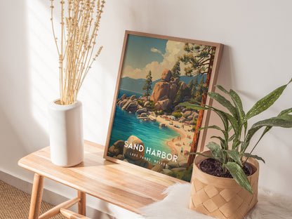 Sand Harbor, Lake Tahoe, Nevada Poster | Turquoise Waters & Granite Shores Wall Art — styled in a modern interior