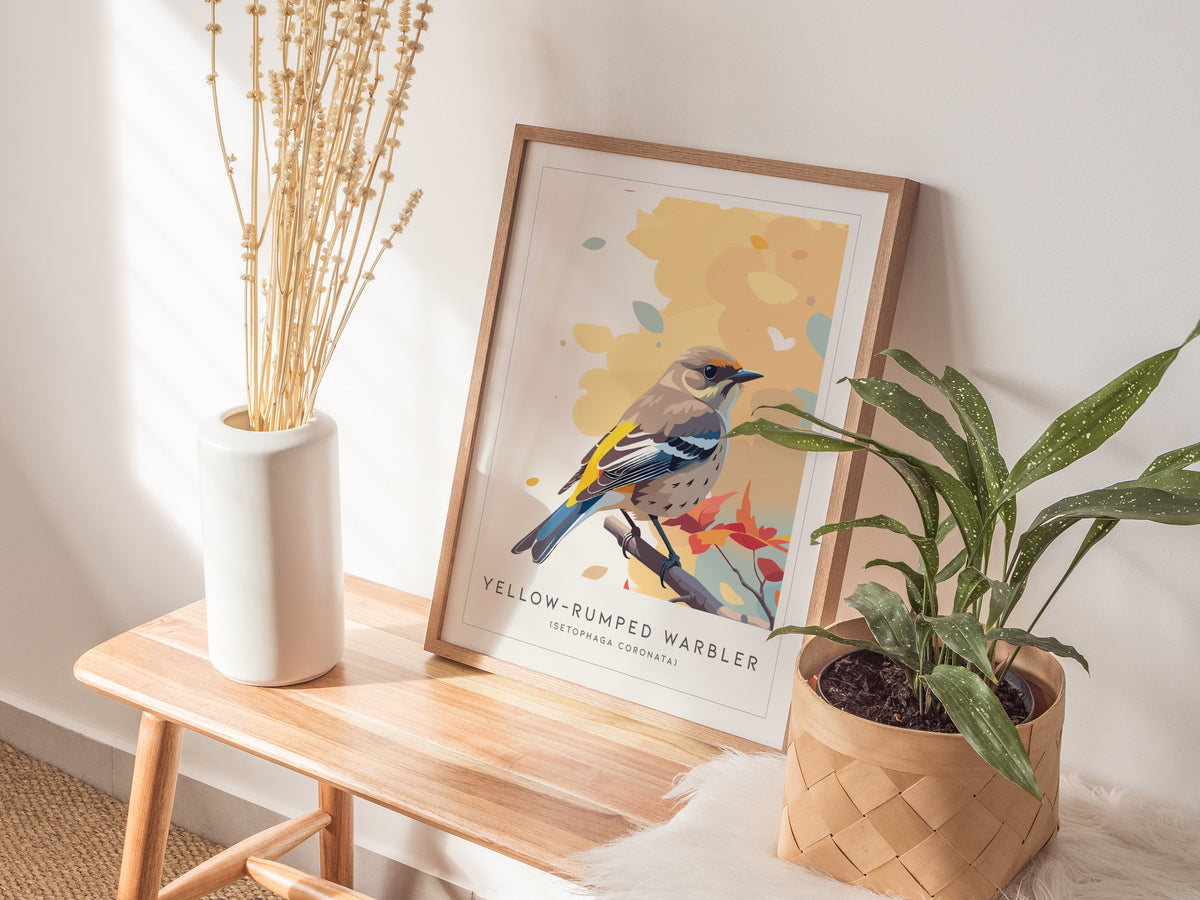 Yellow-rumped Warbler, Setophaga coronata Poster | Vibrant Songbird Nature Poster Wall Art — styled in a modern interior