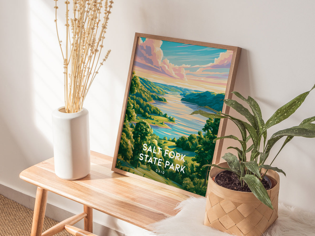 Salt Fork State Park, Ohio Poster | Lakeside Forest Retreat Wall Art — styled in a modern interior