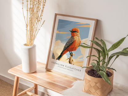 Vermilion Flycatcher, Pyrocephalus obscurus Poster | Brilliant Songbird Nature Poster Wall Art — styled in a modern interior