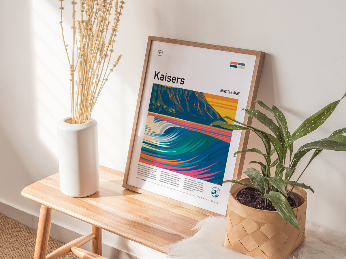 Kaisers, Hawaii Poster | Golden Surf & Diamond Head Wall Art — styled in a modern interior