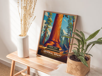 A framed General Grant poster featuring a giant sequoia is displayed on a wooden bench, surrounded by a white vase with dried stems and a potted green plant.