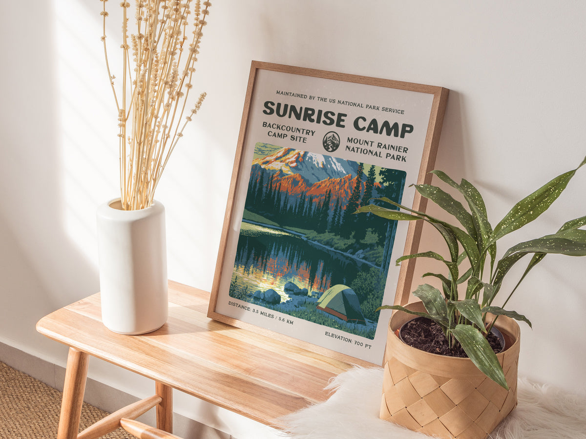 Sunrise Camp, Mount Rainier National Park Poster | Hiker Gift | Backcountry Trail Wall Art — styled in a modern interior