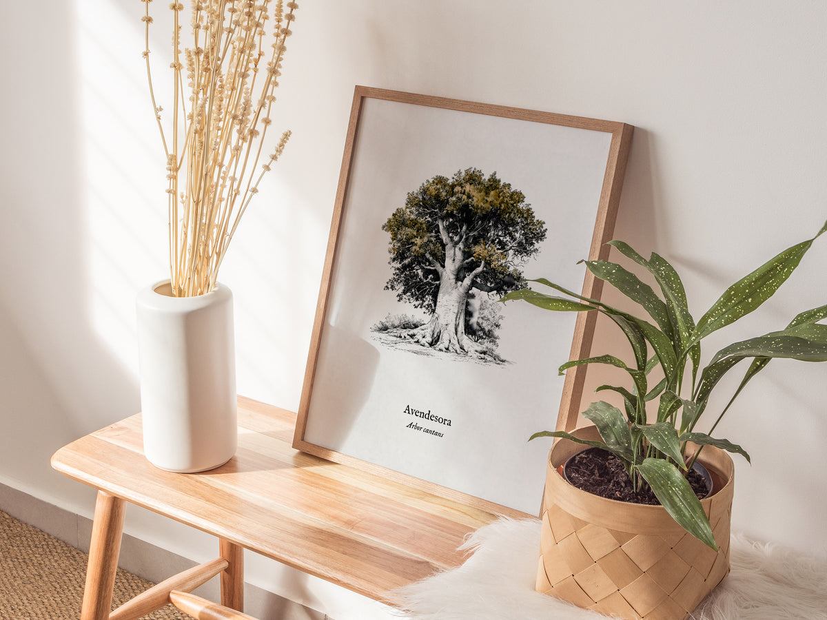 Avendesora Poster | Arbor Cantans Pen and Ink Print | Vintage Botanical Illustration Wall Art — styled in a modern interior