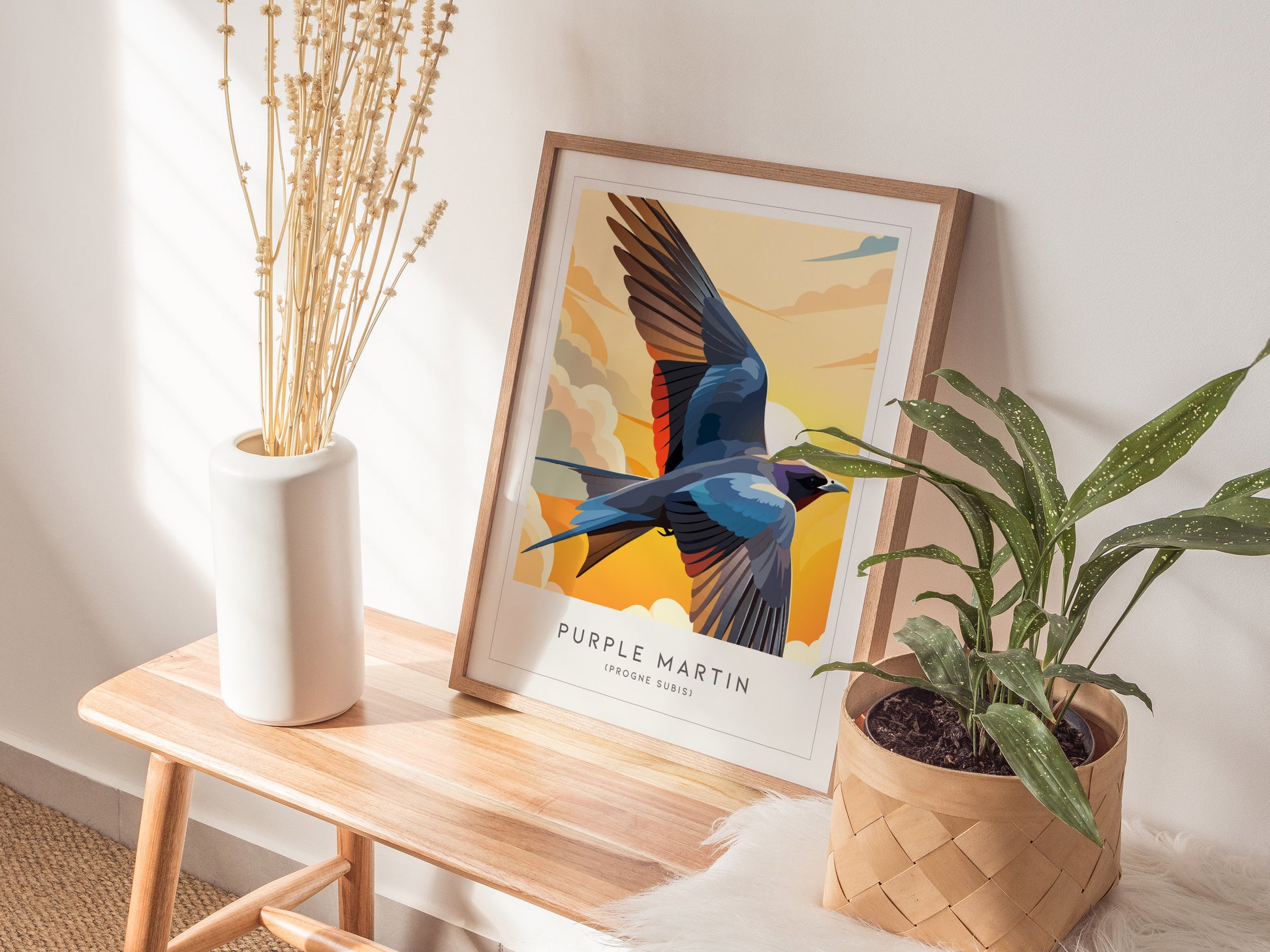 Purple Martin Poster | Graceful Songbird in Golden Light Wall Art — styled in a modern interior