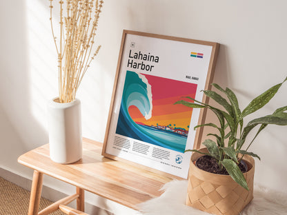 Lahaina Harbor poster featuring bold blue wave art, vibrant sunset colors, and a minimalist design, perfect surfer gift decor.