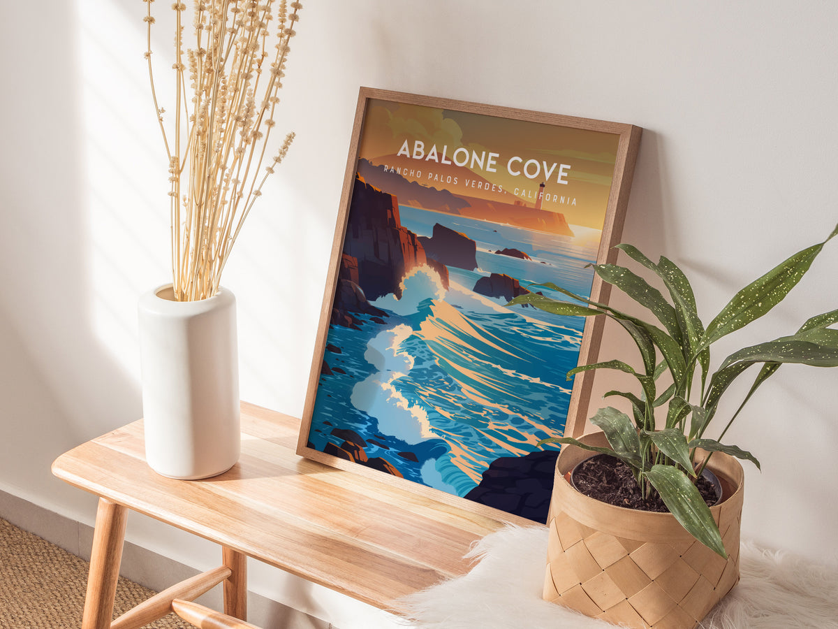 Abalone Cove, California Poster | Tidepools & Sea Cliffs Coastal Wall Art — styled in a modern interior