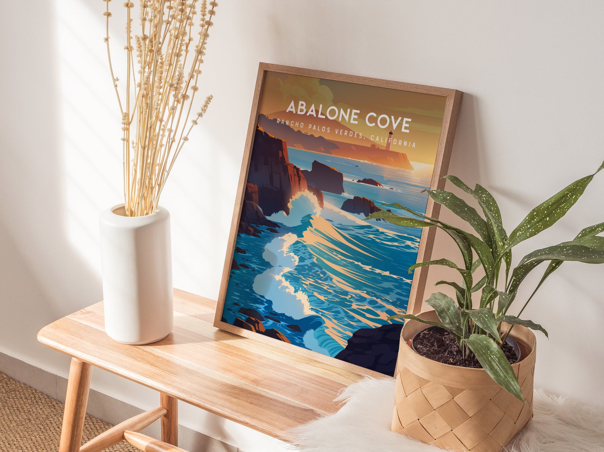 Abalone Cove, California Poster | Tidepools & Sea Cliffs Coastal Wall Art — styled in a modern interior