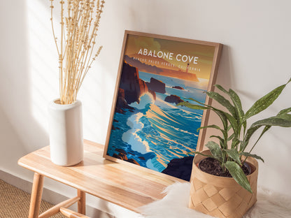 Abalone Cove, California Poster | Tidepools & Sea Cliffs Coastal Wall Art — styled in a modern interior