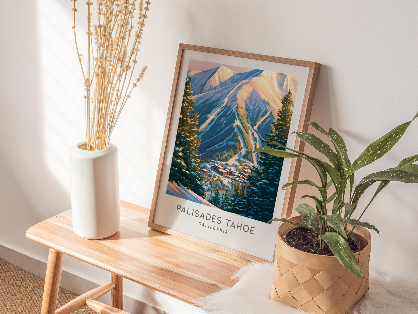 Palisades Tahoe Matte Border Poster | California Destination Print Travel Wall Art — styled in a modern interior