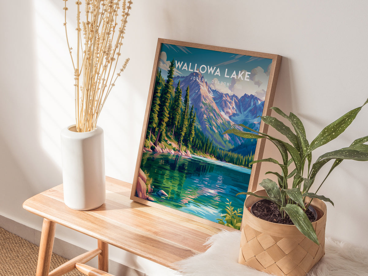 Wallowa Lake, Joseph, Oregon Poster | Mountain Lodge Destination Print Wall Art — styled in a modern interior