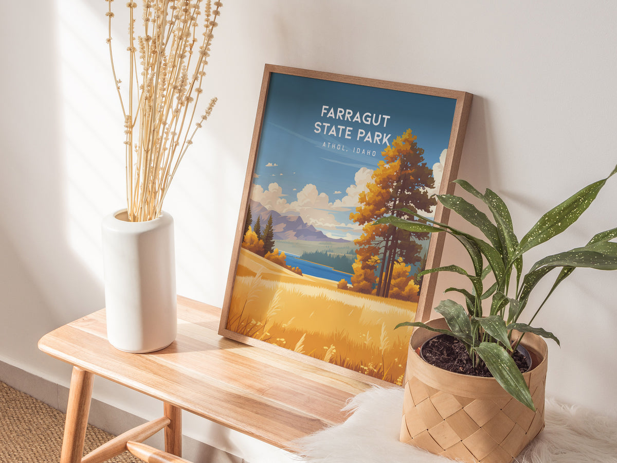 Farragut State Park, Athol, Idaho Poster | Lakeside Mountain Wilderness Destination Print Wall Art — styled in a modern inter